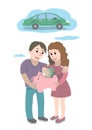 Man and woman holds piggy bank in their hand and dreams about car. Saving and investing money concept