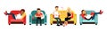 Man and Woman at Home Having Rest Relaxing on Sofa and Armchair Vector Set Royalty Free Stock Photo