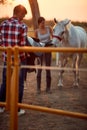 Man and woman with horse at ranch.Man prepare saddle for horse