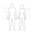 Man and woman human body silhouettes with pointers. Vector isolated outline infographic figures Royalty Free Stock Photo