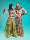 The man, woman in the images of Egyptian Pharaoh and Cleopatra Royalty Free Stock Photo