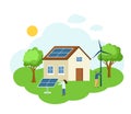 Man and woman install solar panel and wind generator in house. Sustainable energy climate alternative. Solar, wind power Royalty Free Stock Photo