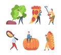 Man and Woman Interacting with Large Food Vector Set