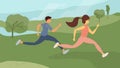 Sport and healthy activity vector illustration with young couple of man and woman jogging in park outdoors