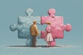 Man and woman joining two large puzzle pieces, symbolizing teamwork, problem-solving, and partnership Royalty Free Stock Photo
