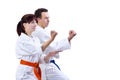 Man and woman in karategi stand in the rack karate Royalty Free Stock Photo