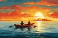 Man and woman kayaking in the sea on a sunset background, AI Generated