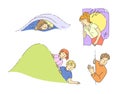 Man, woman kids peeping from behind the wall, from under blanket, corner of building, hill. Surprised smiling looking characters Royalty Free Stock Photo