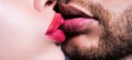 Man with woman kisses. Close up of couple lips wants to kiss.