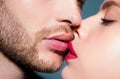 Man with woman kisses, macro, cropped of face. Sensual couple kissing. Kiss lovers lips. Royalty Free Stock Photo