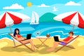 Distant work and freelance during summer on holidays at seaside in recliner on sand with laptop vector illustrations concept Royalty Free Stock Photo