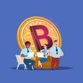 Man woman laptop bitcoin online crypto currency mining chat bubble mix race concept on blue background flat Royalty Free Stock Photo