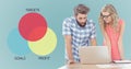 Man and woman at laptop and ven diagram against blue background Royalty Free Stock Photo