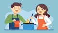 A man and woman laughing while stirring a pot of bubbling soup on the stove.. Vector illustration.