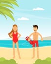 Man and Woman Lifeguard or Rescuer Supervising Safety and Rescuing Swimmers and Surfers Vector Illustration Royalty Free Stock Photo