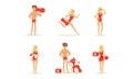 Man and Woman Lifeguard Supervising Safety of Swimmers Vector Set