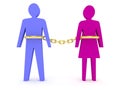 Man and woman linked by golden chain.