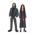 Man and woman with long loose hair dressed in black leather clothes isolated on white background. Counterculture or