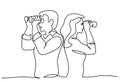 Man and woman looking into distance with binoculars. Continuous one line drawing Royalty Free Stock Photo