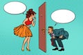 Man and woman looking through a door, Voyeurism and privacy Royalty Free Stock Photo