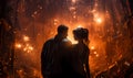 A Man And Woman Looking At Fireworks In A Forest, two people in a fire in the style of sci-fi environment