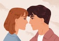 Man and woman looking to each other feeling love vector flat illustration. Enamored couple before first kiss. Profile