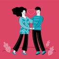Man and a woman in love embrace each other. Characters on the feast of happy valentines day. Romantic young couple feel