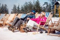 Man and woman in love enjoying together in sun at mountains Royalty Free Stock Photo