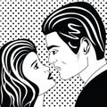 Man and woman in love looking at each other. Vintage popart comic style. Black and white illusatration