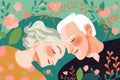 man woman love old retired rest bed together romantic happy asleep couple. Generative AI.