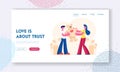 Man and Woman in Love Relation Website Landing Page. Loving Boyfriend Presenting Huge Gift Teddy Bear to Girlfriend