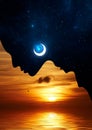 Man and woman love relationship. Day and night, yin yang, silhouette of a couple face. Sunset and night inside man and woman, Royalty Free Stock Photo