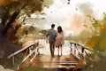 A man and woman in love standing on a wooden bridge, painted in watercolor on textured paper. Digital watercolor painting Royalty Free Stock Photo