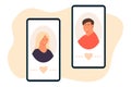 Man and woman lovers via online in mobile phone dating app. Flat vector illustration. Online dating during coronavirus