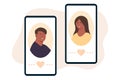 Man and woman lovers via online in mobile phone dating app. Flat vector illustration. Online dating during coronavirus