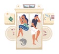 Man and woman lying on bed turned away from each other, flat vector illustration. Relationship problems. Family conflict