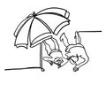 Man and woman lying on sea beach under umbrella. Single line illustration. Continuous line drawn by hand in outline