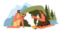 Man and woman making fire, prehistoric scenery