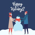 Man and woman in Medical mask for prevent virus Covid-19 making snowman on snow landscape background. Modern people holiday design