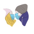 Man and woman in medical masks in profile. Love in the distance. Coronavirus. Quarantine. Pandemic.