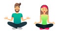 Man and woman meditate in lotus pose. Cartoon happy married couple practicing yoga lesson. Young people doing yoga asane.