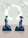 Man and Woman Meditating with Enso