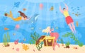 Man with woman mermaid in sea, vector illustration. Underwater character with tail swimming, fantasy cute cartoon girl