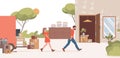 Man and woman moving into new suburban house vector flat illustration. Movement, relocation concept.