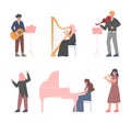 Man and Woman Musician Character Playing Musical Instrument and Conducting Orchestra Vector Set