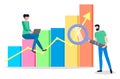 Man and woman near step growing chart. Information business statistics and digital indicator element