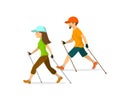 Man and woman nordic walking