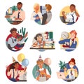 Man and Woman Office Worker at Workspace Performing Duties Circle Composition Vector Set Royalty Free Stock Photo