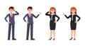 Man and woman office workers cartoon character. Vector illustration of male and female use phone and thumb up. Royalty Free Stock Photo