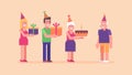 Man woman and old woman congratulates old man happy birthday. Flat people